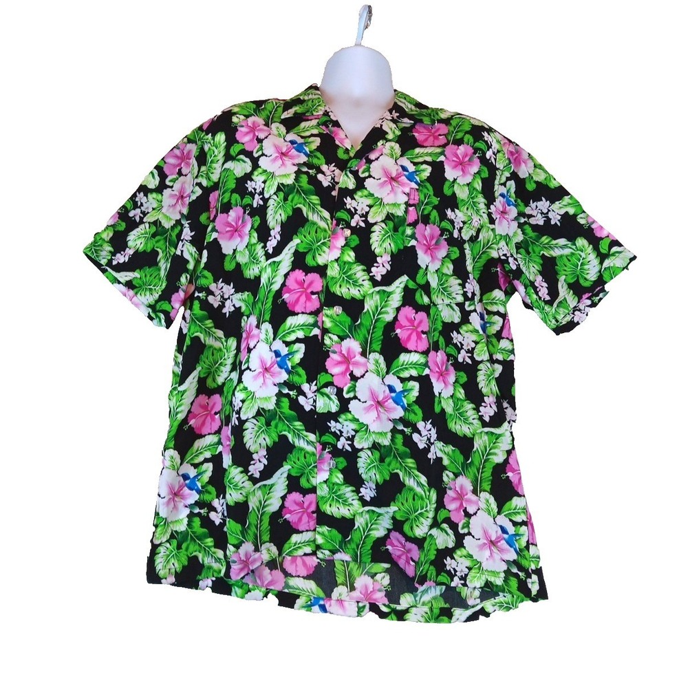 Hawaiian Tropical‎ Mens Large Colorful Floral with Hummingbirds Button NWT!